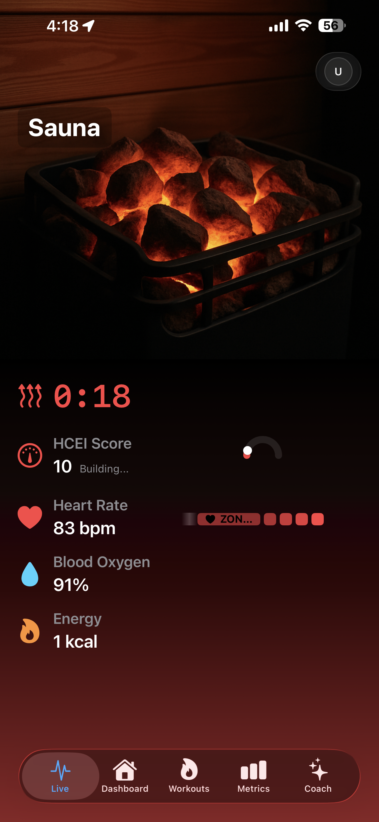 SaunaTracker Pro live session view showing sauna timer, HCEI score, heart rate, blood oxygen, and calorie tracking