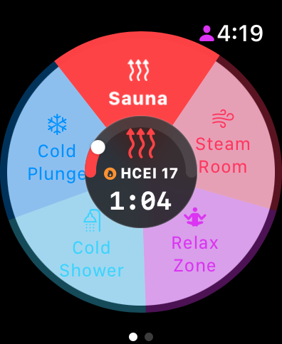 SaunaTracker Pro on Apple Watch showing exposure wheel with sauna, steam room, cold plunge, cold shower, and relax zone